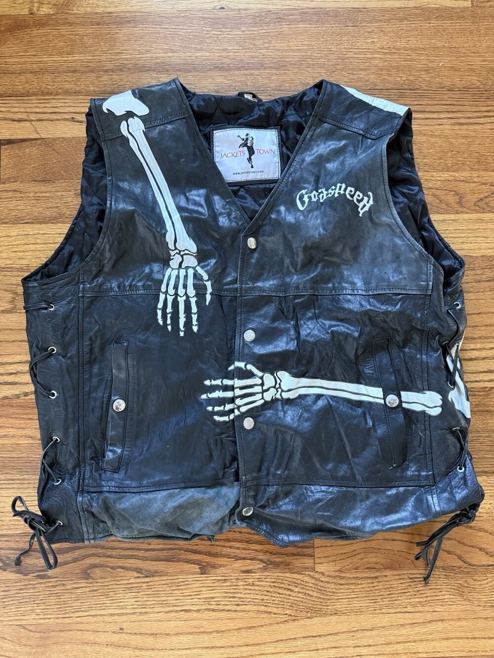 Jackets Town Biker Vest Skeleton Bone Graphic Godspeed Black Mens Size L